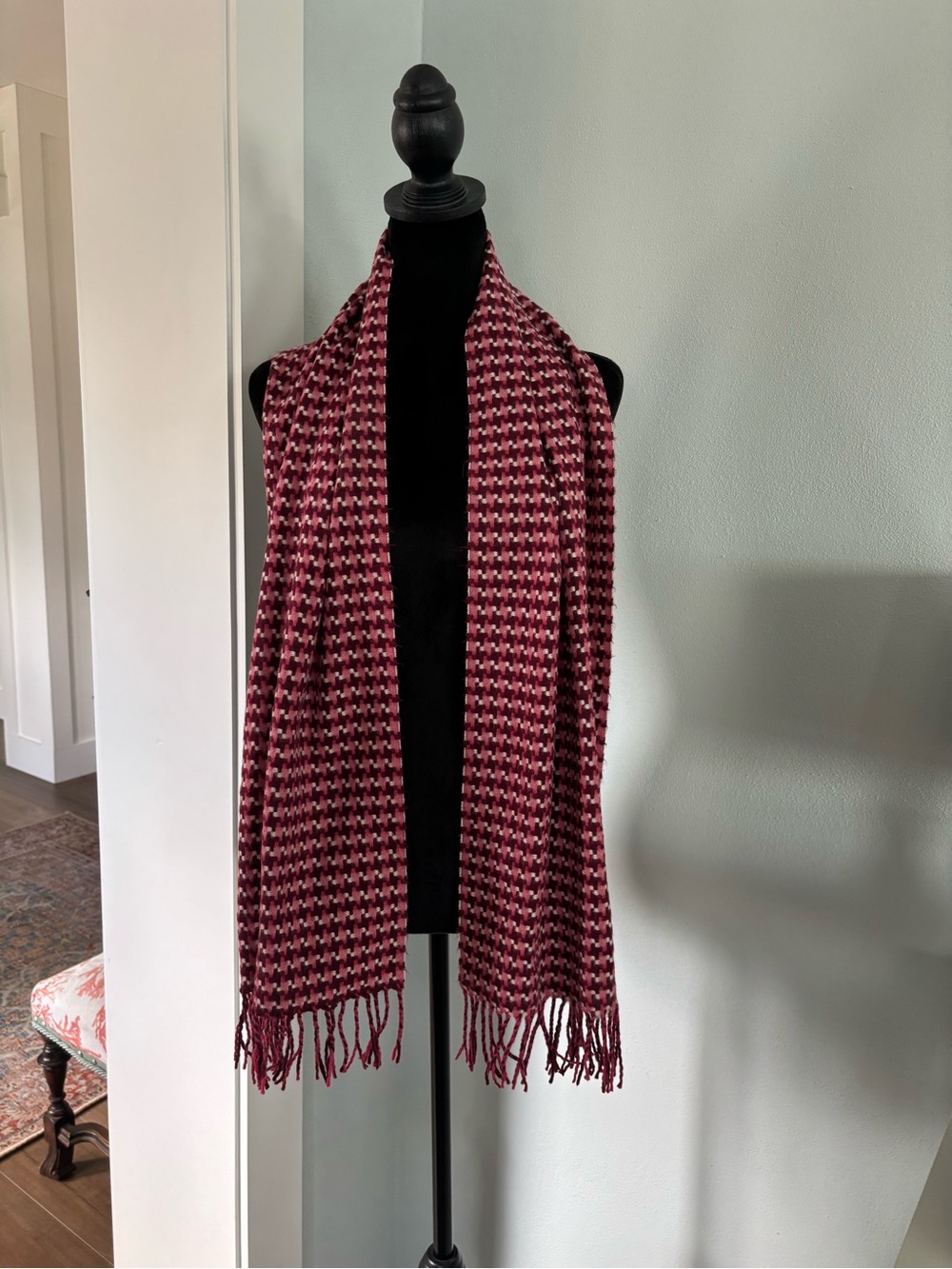 Pink and burgundy Houndstooth Fringe Scarf cashmere